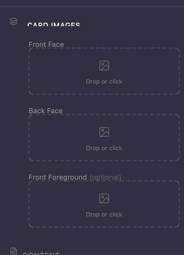 Left panel showing labeled image drop zones with placeholder states