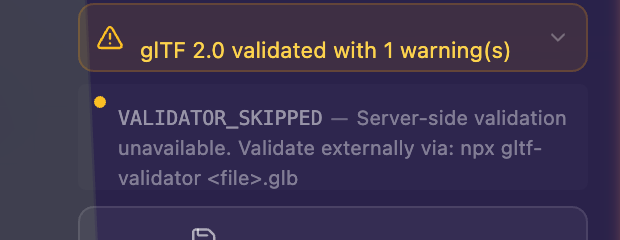 Export panel showing an amber warning with "Valid with warnings" after GLB export