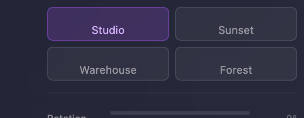 Four HDRI preset thumbnails — Studio, Sunset, Warehouse, Forest