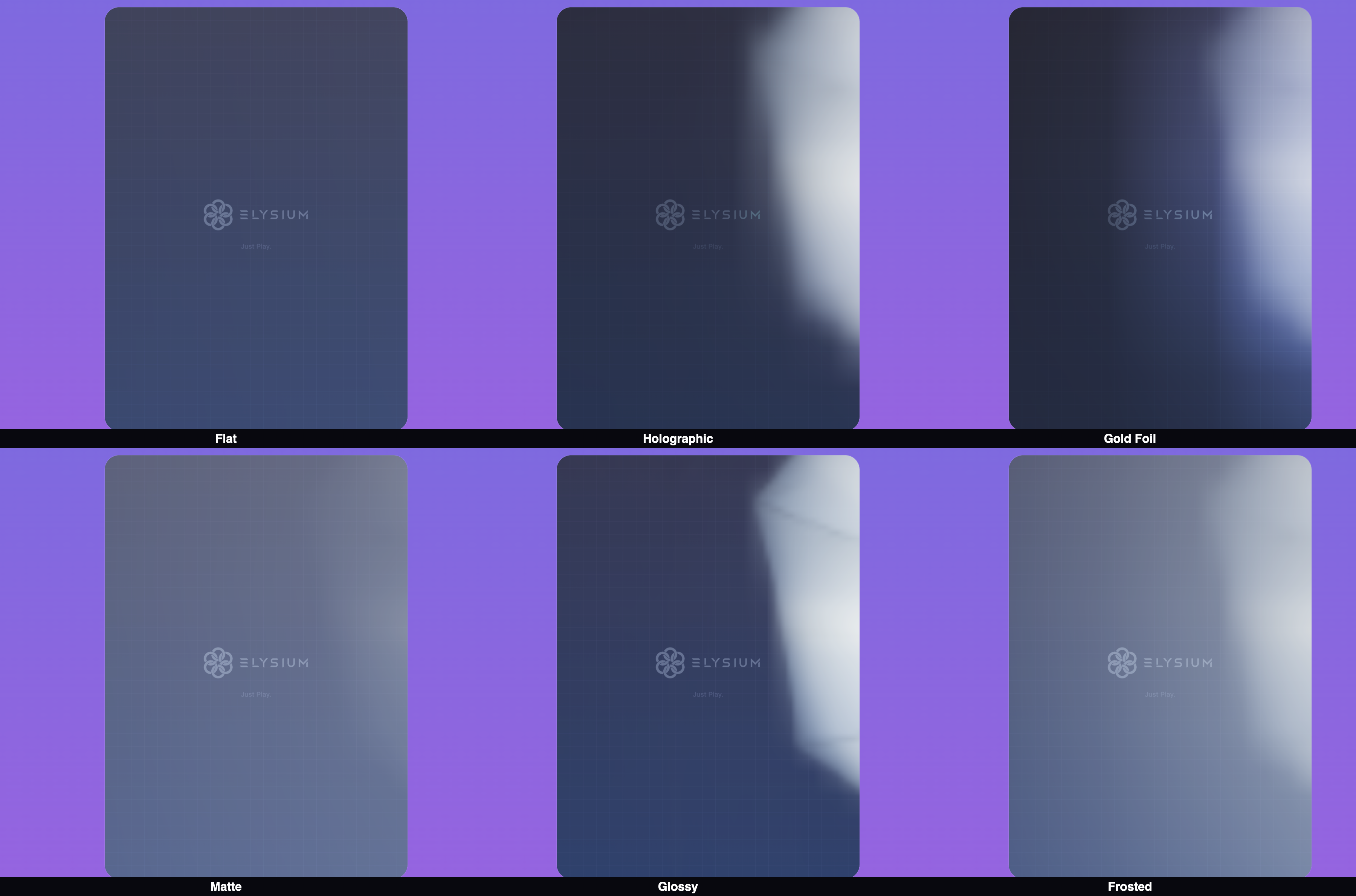 The same card shown with each of the 6 material presets — Flat, Holographic, Gold Foil, Matte, Glossy, Frosted