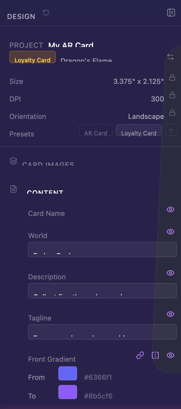 Loyalty Content Editor with world name, description, QR code, barcode, and currencies filled in