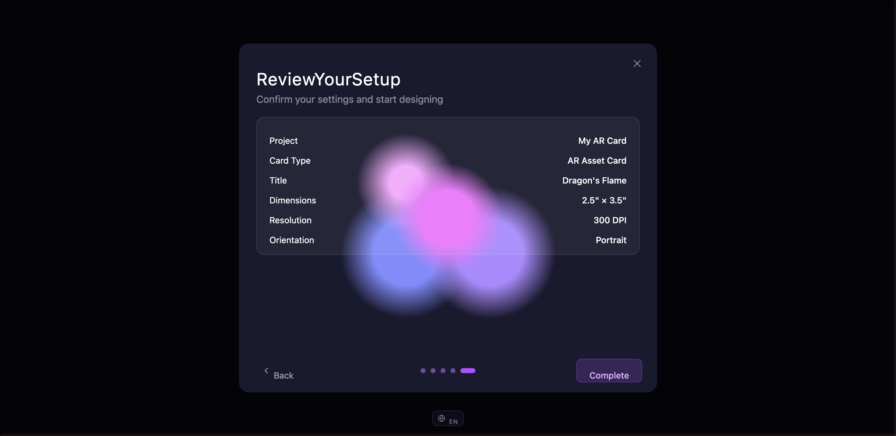 Onboarding wizard review step showing project name, card type, dimensions, and orientation