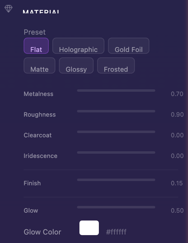 Matériau personnalisé sélectionné avec des curseurs de métallisation, rugosité, vernis et iridescence
