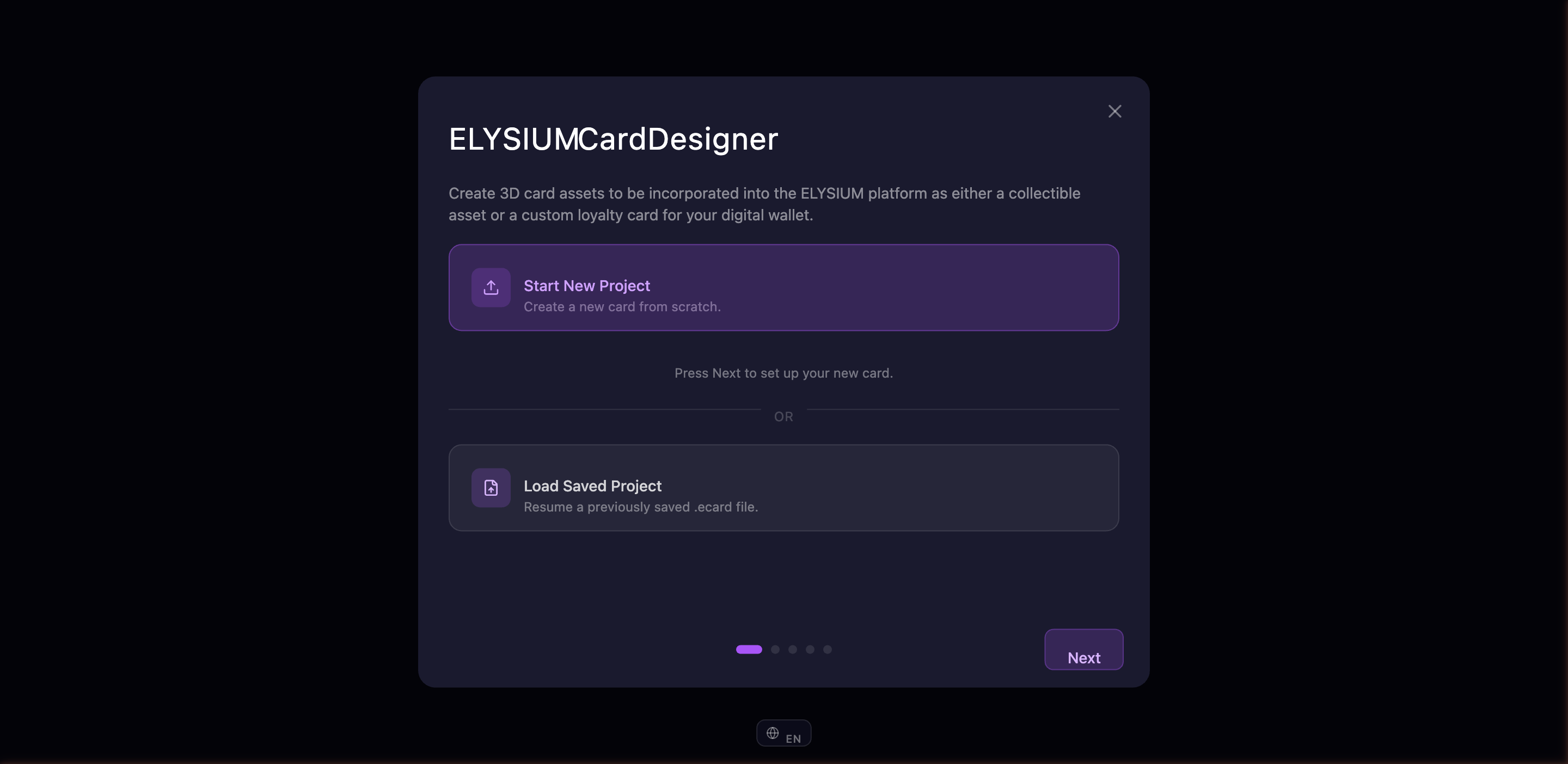 Assistant de configuration — options Nouveau projet et Charger un projet enregistré