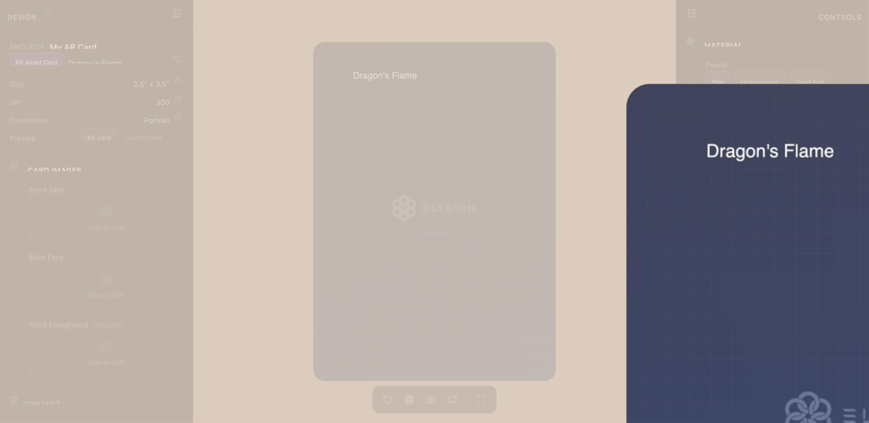 Espace de travail complet avec des légendes indiquant le panneau gauche, le canevas central, le panneau droit et la barre d'outils flottante