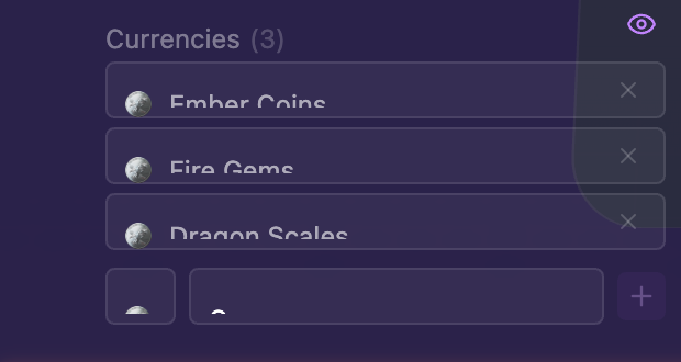 名前とシンボルフィールドを持つ通貨単位が表示された通貨セクション
