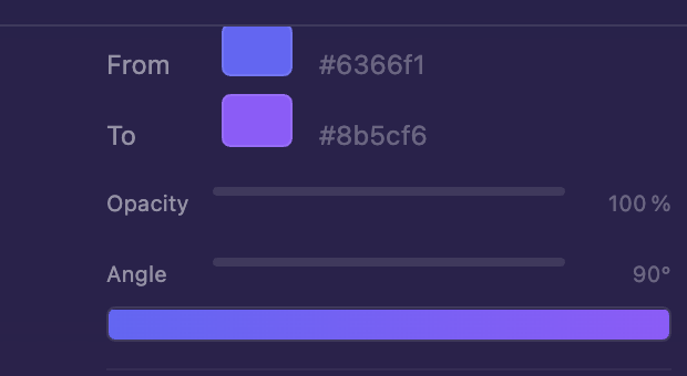 Gradient section showing From/To color pickers, opacity, angle, and the link/unlink toggle