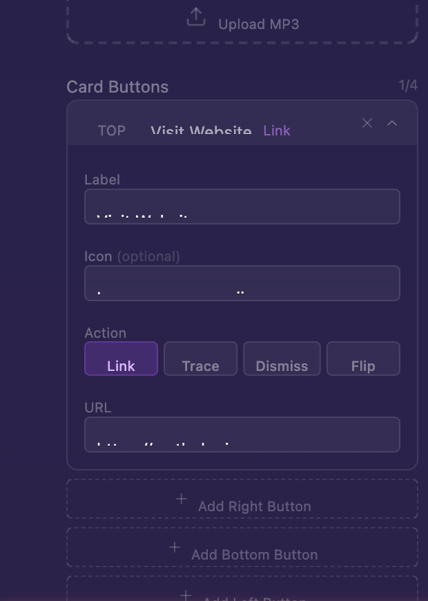 AR Buttons section showing button labels, action type dropdown, and action value fields