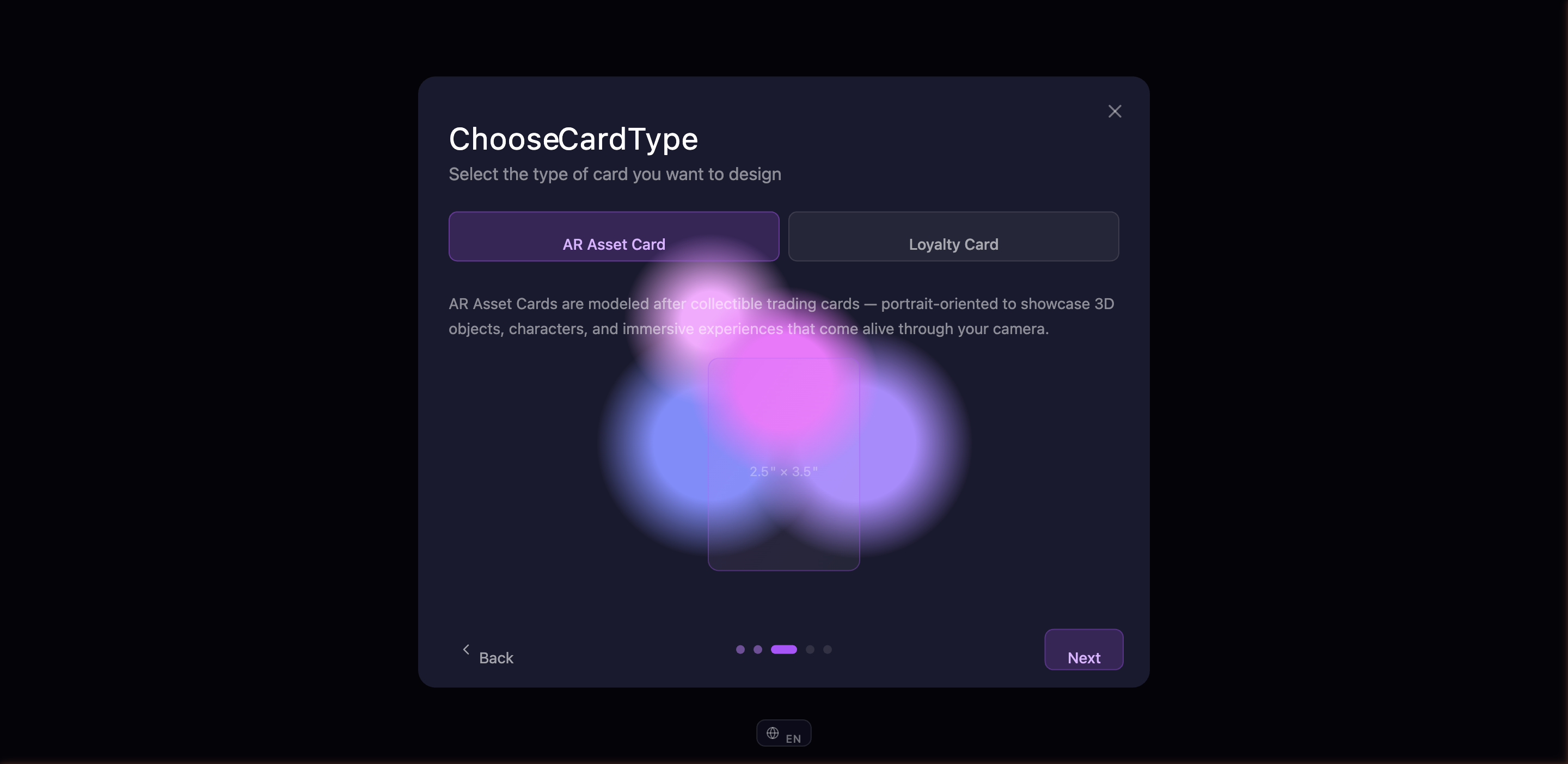 Card type selection step with AR Card and Loyalty Card options and the live shape preview