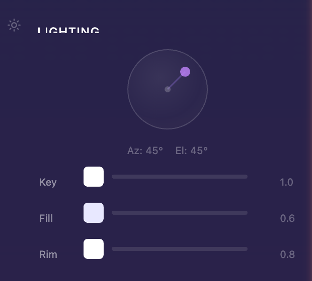 Lighting section in the right panel showing Key/Fill/Rim intensity sliders and color pickers