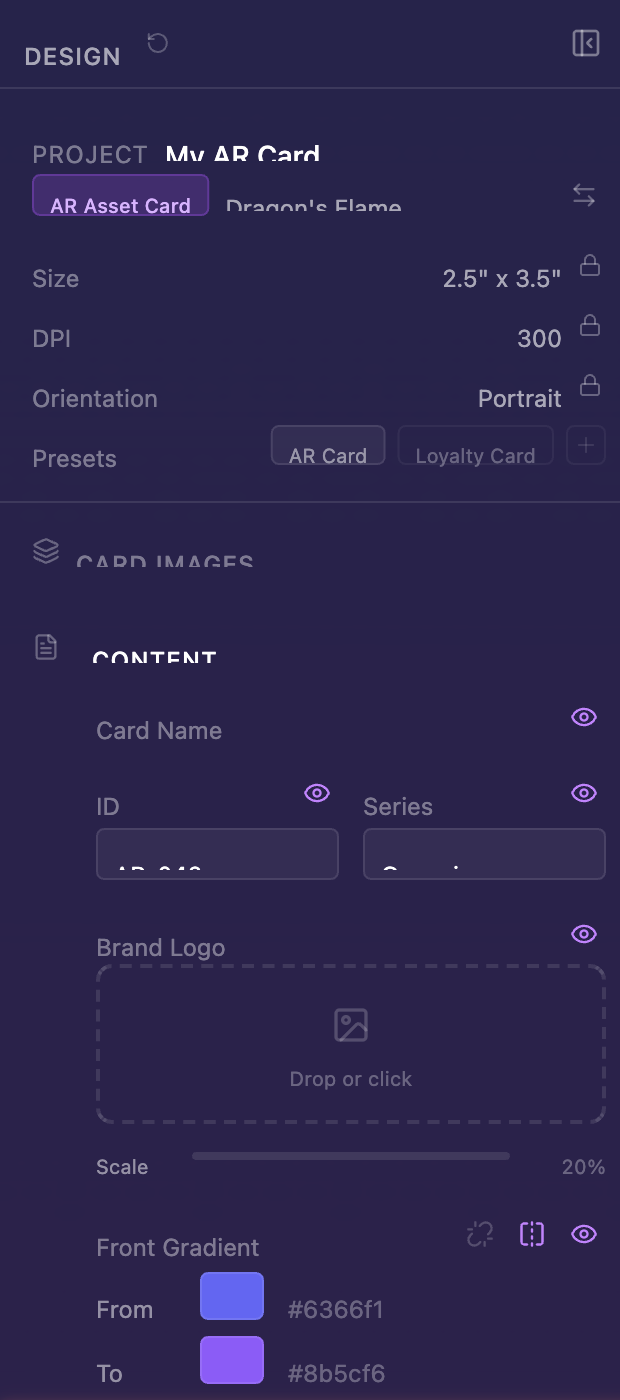 AR Content Editor with fields filled in — HTML overlay, audio, logo, buttons, and metadata