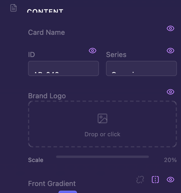 Eye-icon visibility toggles next to content elements
