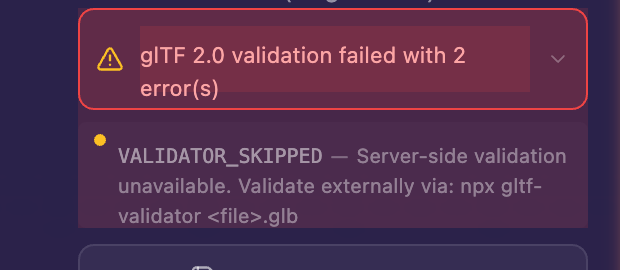 Export panel showing a red error state with expanded error list after a failed GLB validation