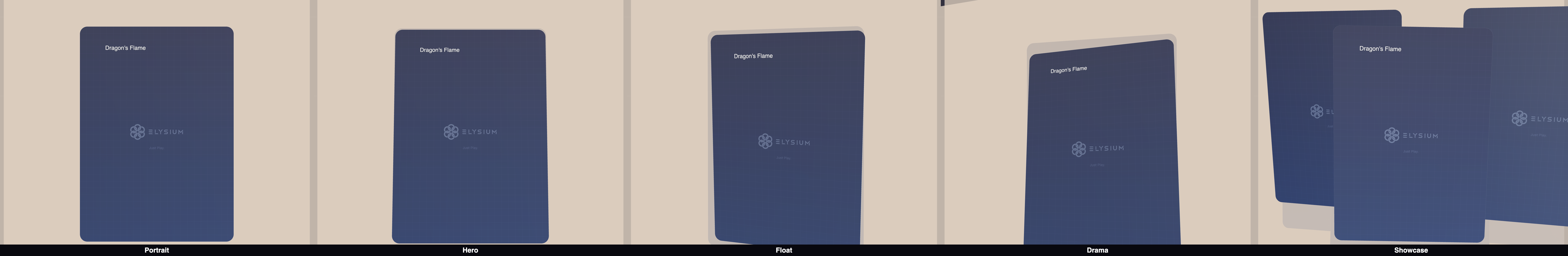 5 个摄像预设并排显示——竖向、英雄、悬浮、戏剧、展示